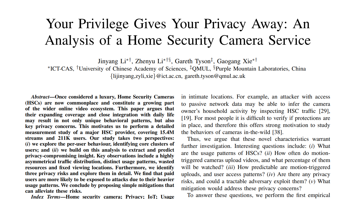 INFOCOM 2020 Paper accepted: a large scale study of home security cameras