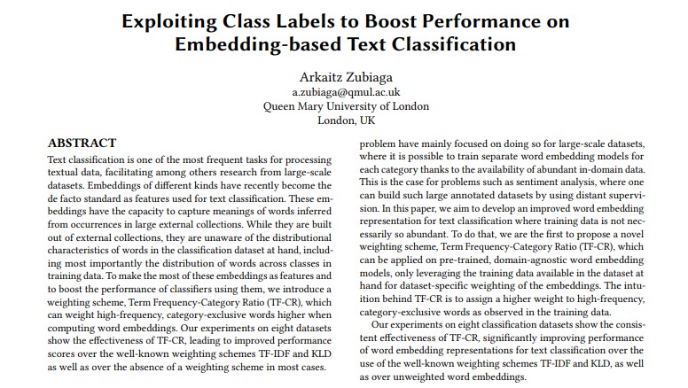 New paper in ACM CIKM: “Exploiting Class Labels to Boost Performance on Embedding-based Text Classification”