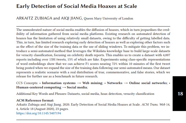 Transactions on the Web  paper accepted:  “Early detection of social media hoaxes at scale”