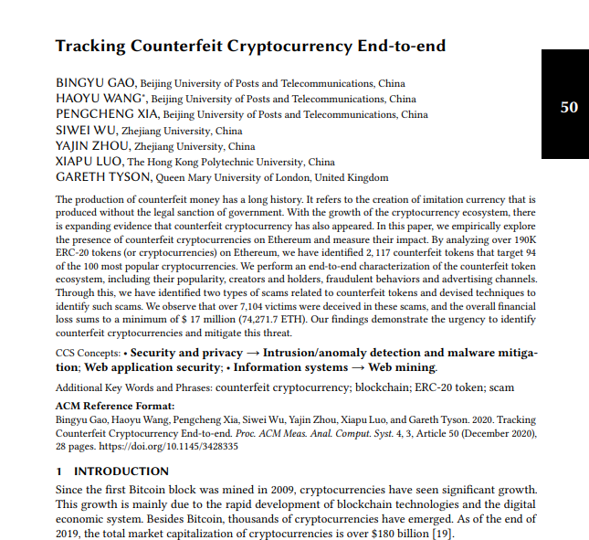 New SIGMETRICS paper: “Tracking Counterfeit Cryptocurrency End-to-End” (by Dr. Gareth Tyson)